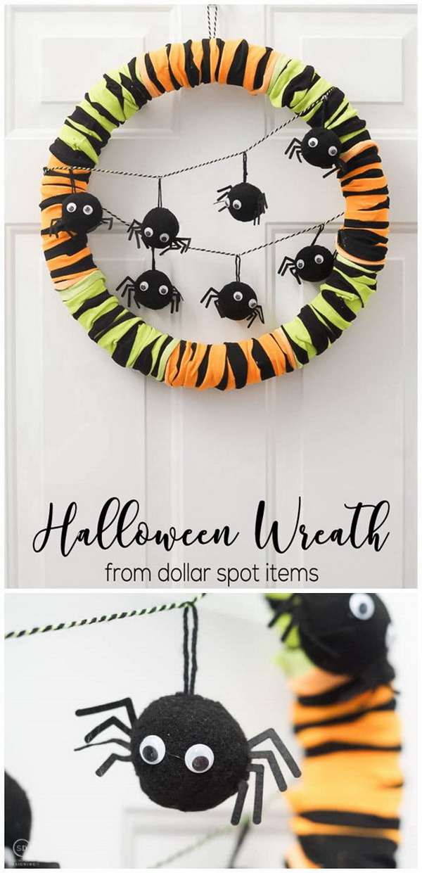 DIY Halloween Decorating Projects: Halloween Wreath Made With Dollar Spot Items. 