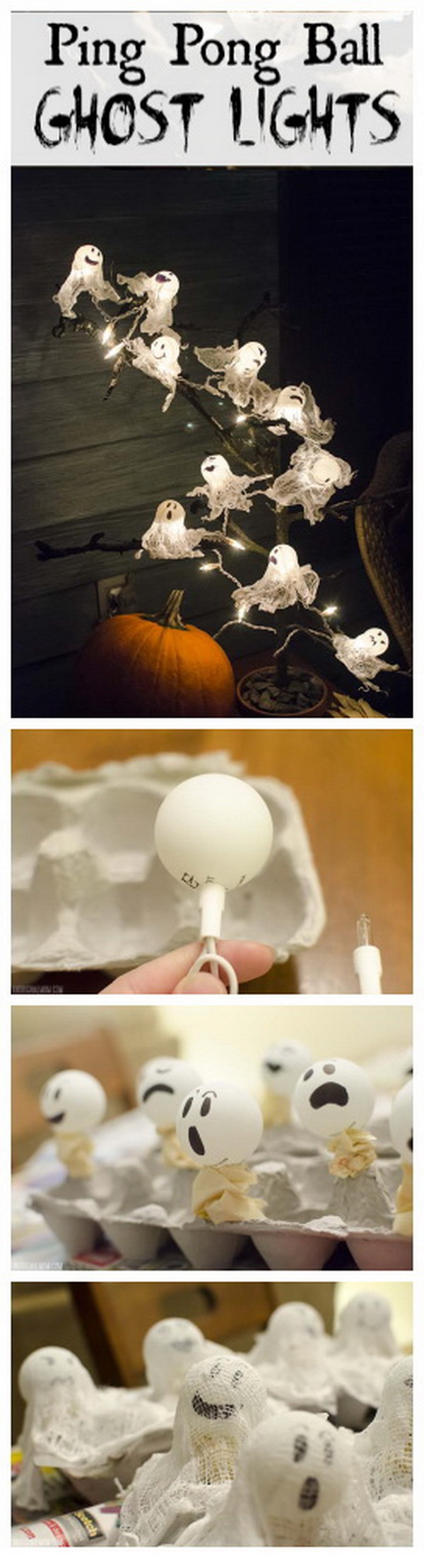 DIY Halloween Decorating Projects: Ping Pong Ball Ghost Lights. 