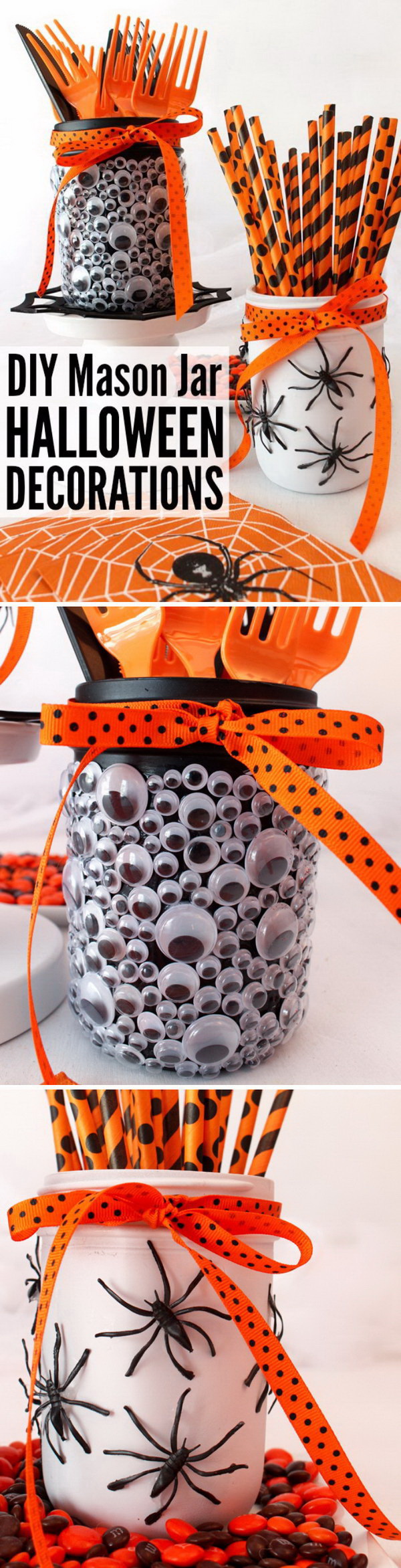 DIY Halloween Decorating Projects: Googly Eyes and Spider Mason Jars. 